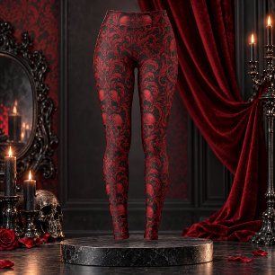 Gothic Rot & Schwarzes Totenkopf-Damaskus Nahtlose Leggings