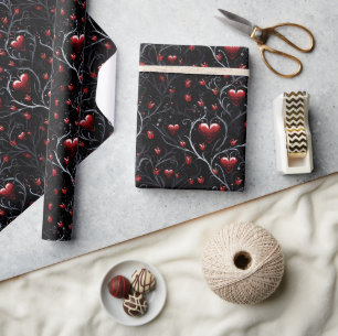 Gothic Rote Herzen Graue Metall Feine Linien Geschenkpapier