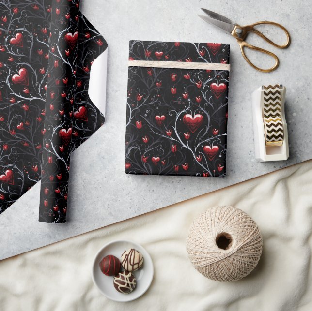 Gothic Rote Herzen Graue Metall Feine Linien Geschenkpapier (Basteln)