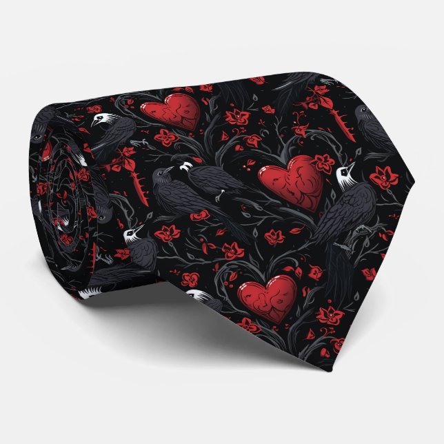 Gothic rote Herzen rote Blumen und Krähen Krawatte (Gerollt)