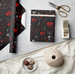 Gothic rote Herzen und graue Totenköpfe Geschenkpapier