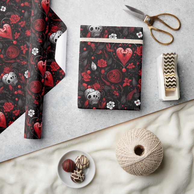 Gothic rote Herzen und Rosen  Geschenkpapier (Basteln)
