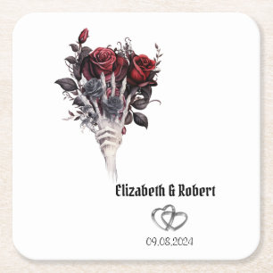 Gothic rote Rosen Skelett Hochzeit Rechteckiger Pappuntersetzer