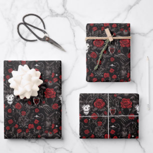 Gothic rote Rosen und Totenköpfe Geschenkpapier Set