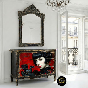 Gothic Rote Schwarze Drachen Frau Fantasy Dekupage Seidenpapier