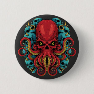 Gothic Roter Oktopus Blaue Schädel Button
