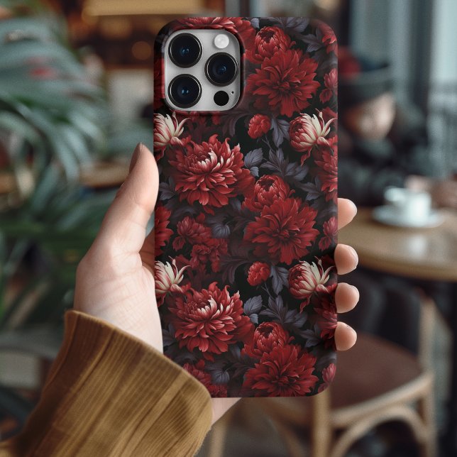Gothic Rotes Chrysanthemen Dunkles Floral iPhone Hülle (Luxury Dark Floral iPhone 16 Pro Case | Gothic Red Botanical Phone Cover)
