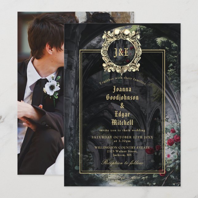 Gothic Ruins Roses Floral Monogram Photo Wedding Einladung (Vorne/Hinten)