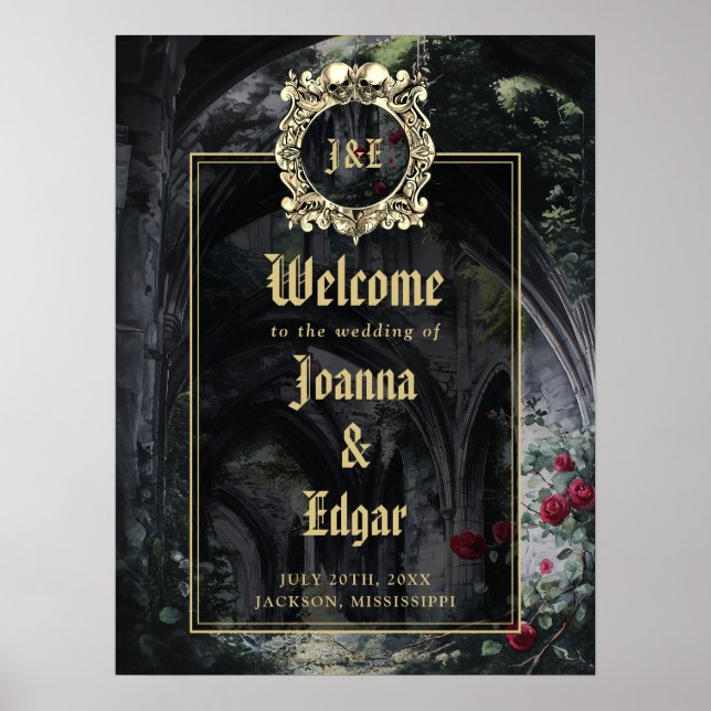 Gothic Ruins Wedding Black And Gold Welcome Sign Poster (Vorne)