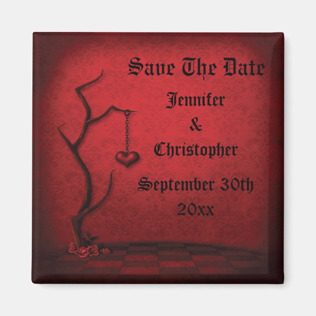 Gothic Save the Date Heart Tree & Red Damask Magnet (Vorne)
