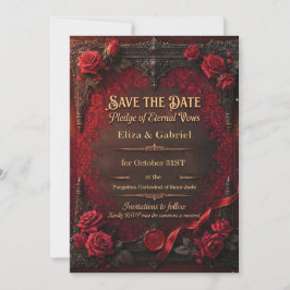 Gothic Save-the-Date mit roter Rose und Wachssiege Einladung