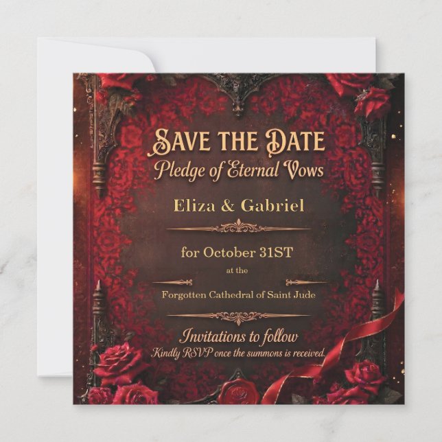 Gothic Save-the-Date mit roter Rose und Wachssiege Save The Date (Vorderseite)