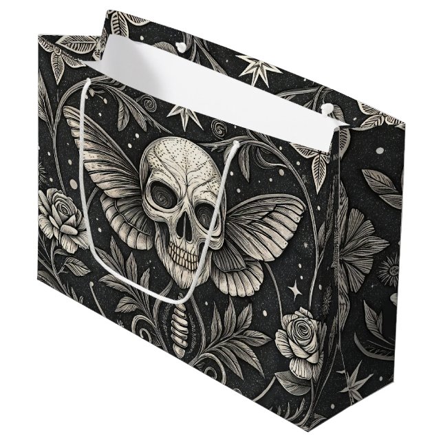 Gothic-Schädel-Blumen-Himmelsmuster (1) Große Geschenktüte (Vorderseite Schrägansicht)