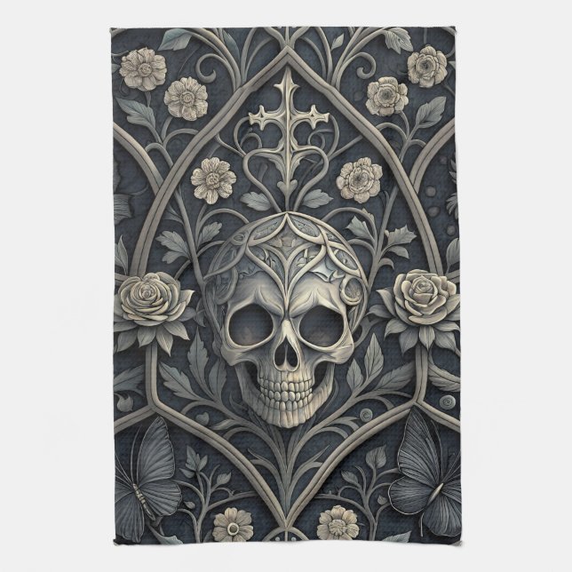 Gothic-Schädel-Blumen-Himmelsmuster (2) Geschirrtuch (Vertikal)