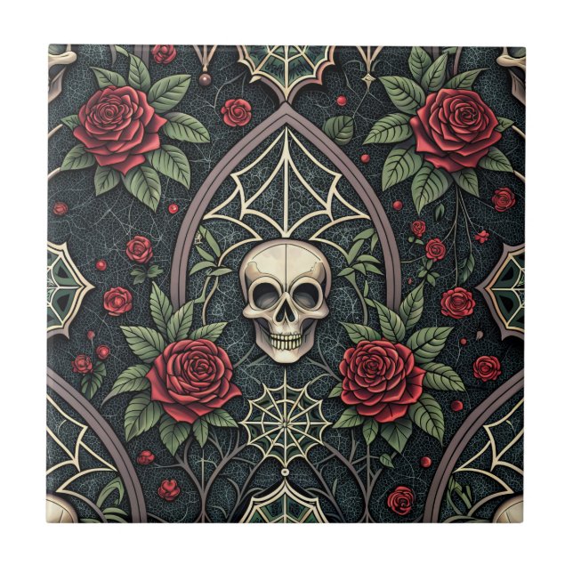 Gothic-Schädel-Blumen-Himmelsmuster (3) Fliese (Vorderseite)
