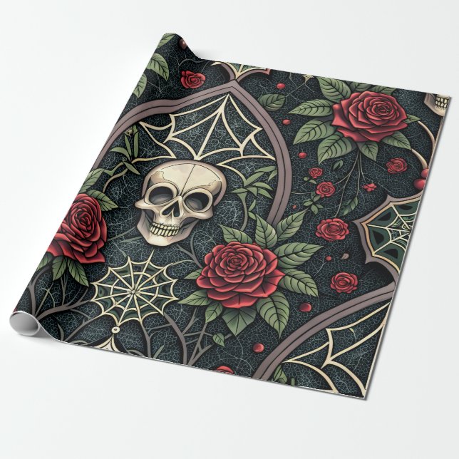 Gothic-Schädel-Blumen-Himmelsmuster (3) Geschenkpapier (Ungerollt)