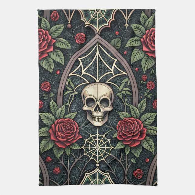 Gothic-Schädel-Blumen-Himmelsmuster (3) Geschirrtuch (Vertikal)