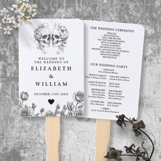 Gothic-Schädel-Blumen-Hochzeitsprogramm Fächer (Gothic Skulls Floral Wedding Program Hand Fan)