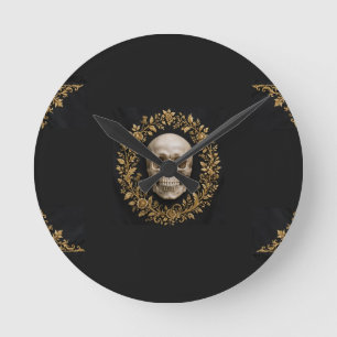 Gothic-Schädel-Halloween-Gartenflagge Schwarz Gold Runde Wanduhr