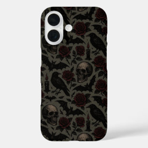 Gothic-Schädel, Krähen & Rosen-Muster iPhone 16 Hülle