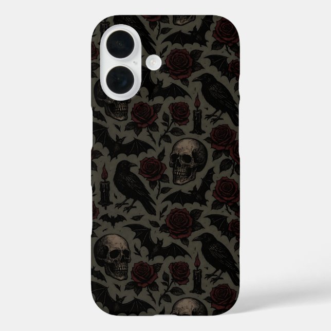 Gothic-Schädel, Krähen & Rosen-Muster Case-Mate iPhone Hülle (Rückseite)