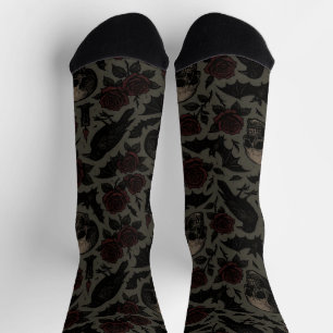 Gothic-Schädel, Krähen & Rosen-Muster Socken