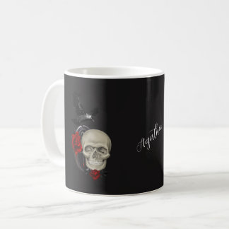 Gothic-Schädel mit Rose und Rabe personalisiert Kaffeetasse