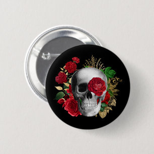 Gothic-Schädel mit roten Blumen und goldenen Blätt Button