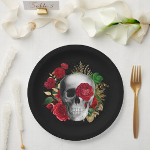 Gothic-Schädel mit roten Blumen und goldenen Blätt Pappteller