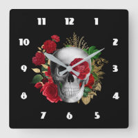 Gothic-Schädel mit roten Blumen und goldenen Blätt