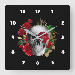 Gothic-Schädel mit roten Blumen und goldenen Blätt Quadratische Wanduhr