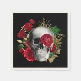 Gothic-Schädel mit roten Blumen und goldenen Blätt Serviette