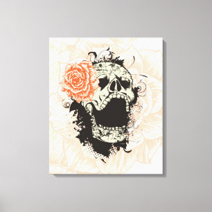 Gothic-Schädel & orangefarbene Rose auf Leinwand