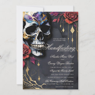 Gothic-Schädel & rote Rosen Halloween Handfasting Einladung