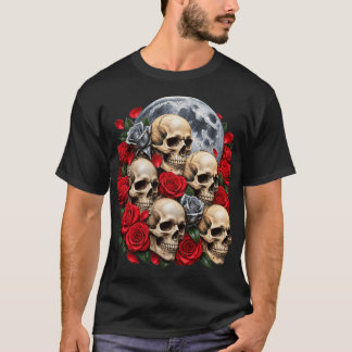Gothic-Schädel & Rote Rosen T-Shirt | Vintage-Blum