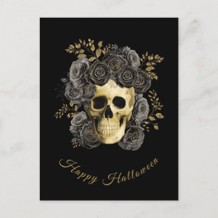 Gothic-Schädel Schwarz & Gold Glitter-Rosen Hallow Feiertagspostkarte