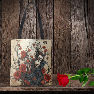 Gothic Schädel, schwarze Reben und rote Rosen Mono