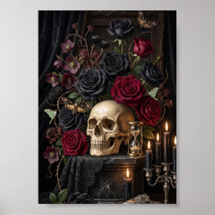 Gothic-Schädel Schwarze Rosen Dunkles viktorianisc Poster