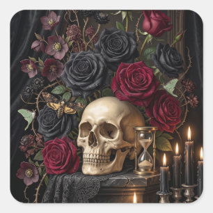 Gothic-Schädel Schwarze Rosen Dunkles viktorianisc Quadratischer Aufkleber