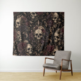 Gothic-Schädel- und Blumendesign – Vintage-Romanti Wandteppich