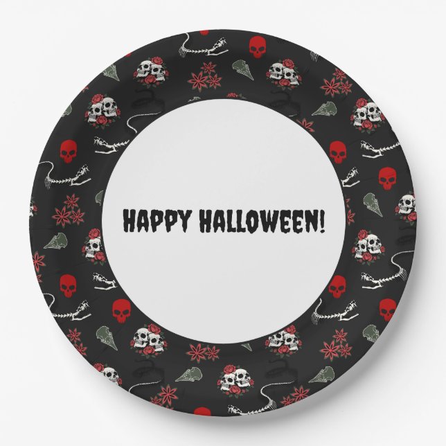 Gothic-Schädel und Rosen Halloween-Muster Pappteller (Vorderseite)