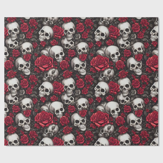 Gothic-Schädel und rote Rose dunkles Blumenmuster Geschenkpapier (Flach)