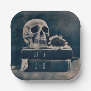 Gothic-Schädel-Vintage-Alte-Bücher-Cyanotypie-Maka Pappteller