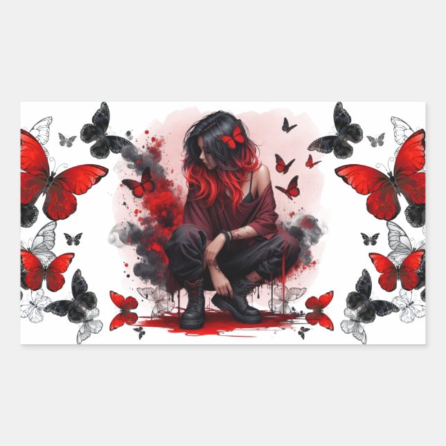 Gothic Schmetterlinge & Lady Fantasy Rechteckiger Aufkleber (Vorderseite)