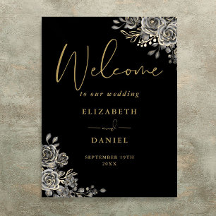 Gothic-Schwarz-Gold-Blumen-Hochzeits-Willkommenssc Poster