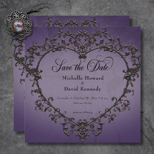 Gothic-Schwarz & Lila-Filigran-Herz-Hochzeit Save The Date