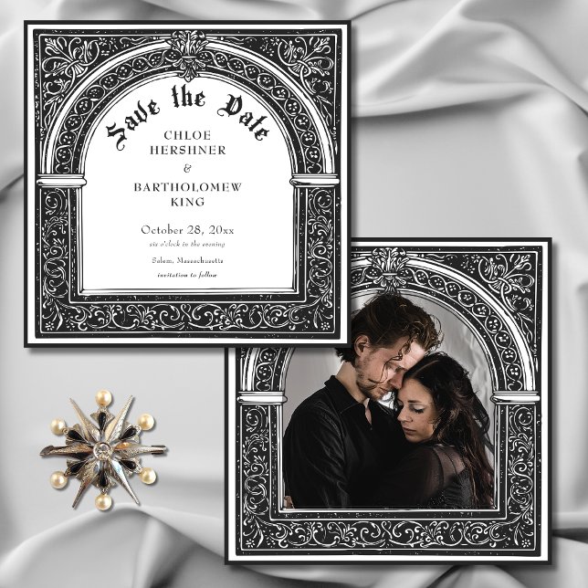 Gothic Schwarz-weiß Mittelalter bis Tod Foto Save The Date (Gothic Black White Medieval Until Death Wedding Photo Save The Date)