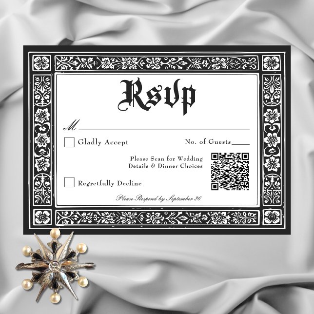 Gothic Schwarz-weiß Mittelalter bis Totenhochzeit RSVP Karte (Gothic Black White Medieval Until Death Wedding RSVP Card with QR Code)