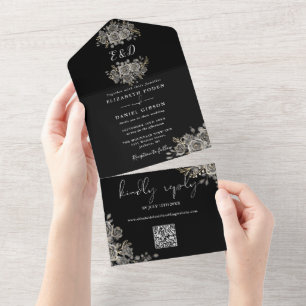 Gothic-Schwarz-Weiß-Monogramm-QR-Code-Hochzeit All In One Einladung