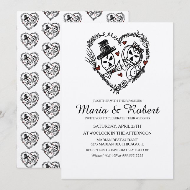 Gothic Schwarz-weiß Skeleton Doodle Wedding Einladung (Vorne/Hinten)